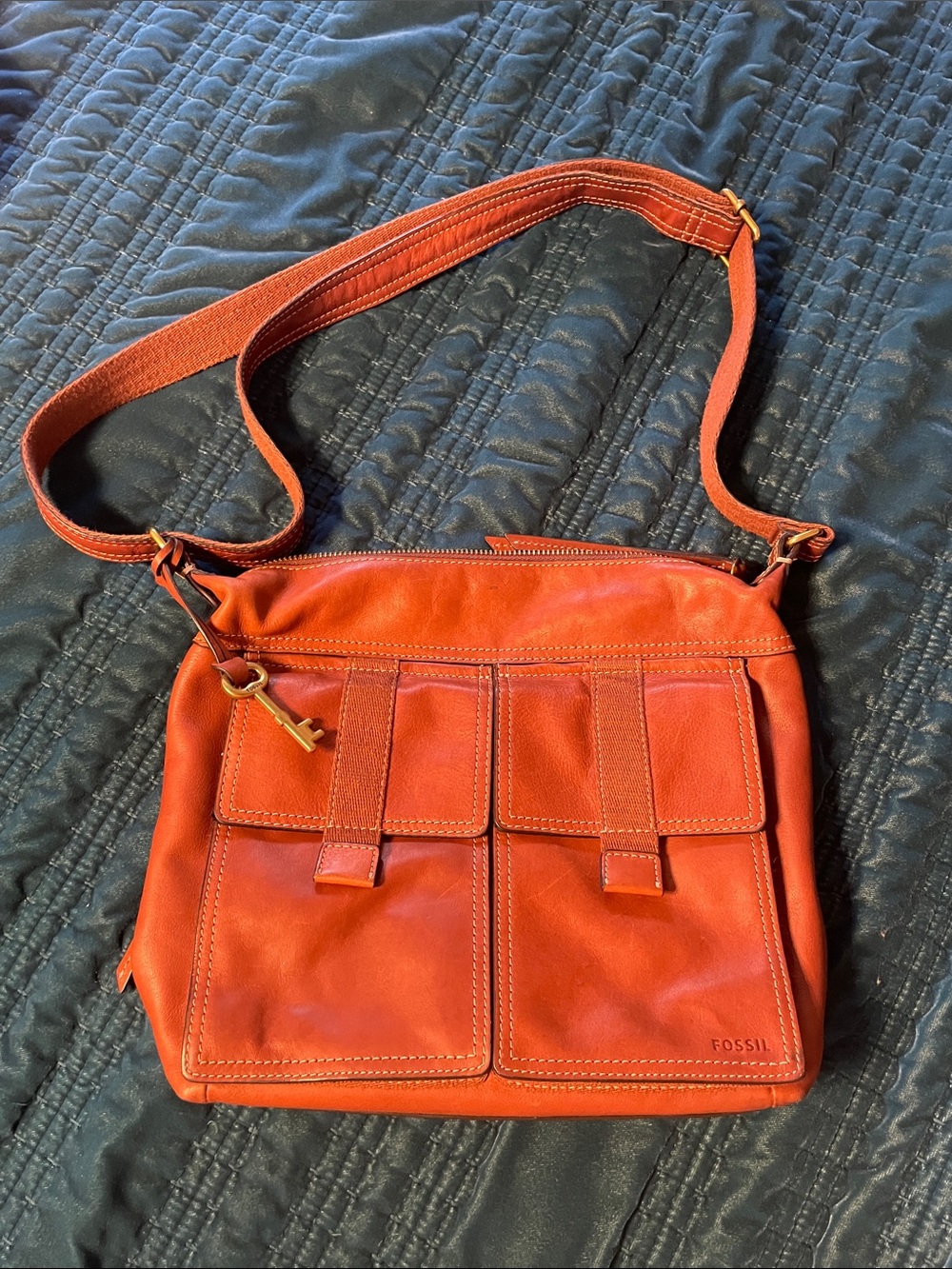 Fossil Orange Leather Front-Pocket Crossbody Bag